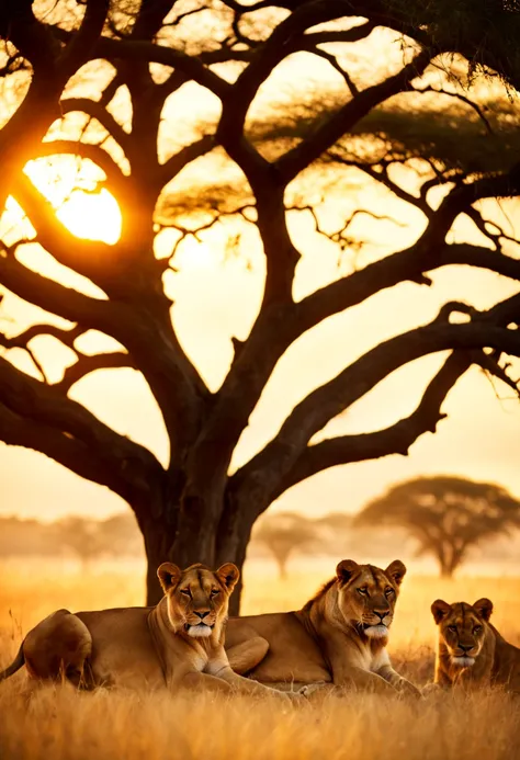 cinematic film still {A film shot featuring a serene moment in a realistic, sprawling African savannah at dawn, a pride of lions resting under an acacia tree, warm sunrise colors bathing the scene, shot with a Nikon D3, Focal length 70mm} . shallow depth o...