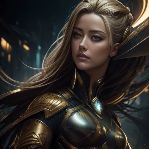 A captivating portrait of Amber Heard is rendered in meticulous detail, clad in futuristic armor that glistens under cinematic lighting reminiscent of the Freefire universe. The enigmatic expression on her face is the handiwork of renowned artists Elmore, ...