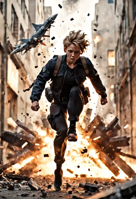 cinematic film still {A film shot capturing a climactic moment in an action sequence, realistic explosion and debris flying, hero in mid-leap, high-stakes tension, shot with a Canon EOS R8, Wide angle lens} . shallow depth of field, vignette, highly detail...