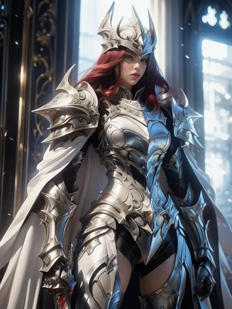 Character design, 1 girl,, slim body, medium chest, skinny waist, ((long deep red hair)). blue eyes. (((white fantasy a female knight in a full armor))), (((big pauldrons, intricate details))), (((large black cape))), (((advanced weapon fantasy plasma swor...