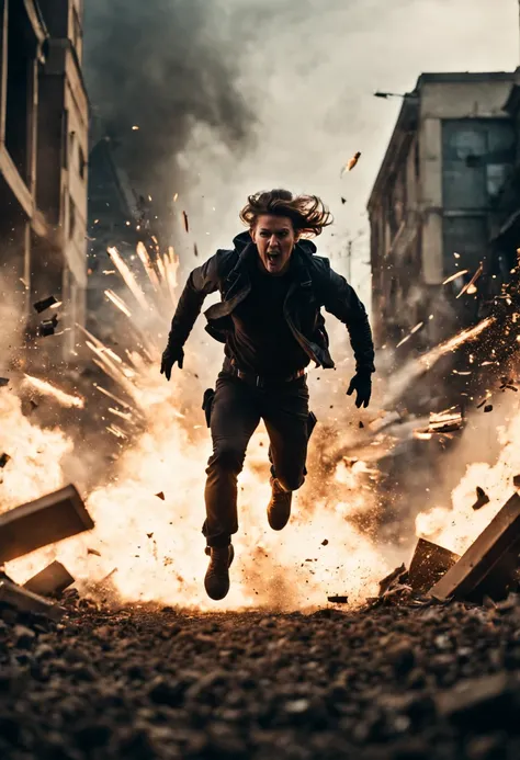 cinematic film still {A film shot capturing a climactic moment in an action sequence, realistic explosion and debris flying, hero in mid-leap, high-stakes tension, shot with a Canon EOS R8, Wide angle lens} . shallow depth of field, vignette, highly detail...