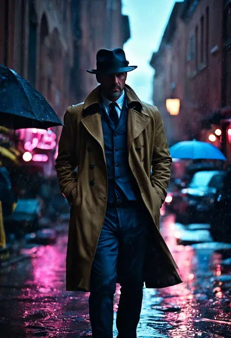 cinematic film still {Neon Noir Showdown: (masterpiece, 8K, UHD, photo-realistic:1.3), grizzled detective with (stubble and piercing blue eyes:1.1), (trench coat:1.2), fedora hat, in a rain-soaked alley, neon signs reflecting on puddles, tense standoff wit...