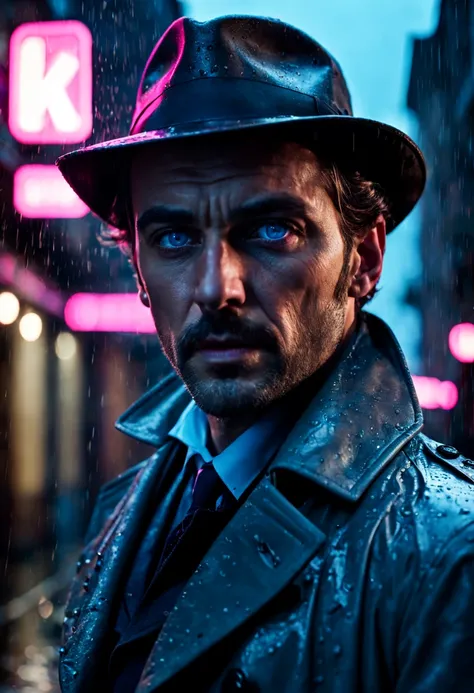 cinematic film still {Neon Noir Showdown: (masterpiece, 8K, UHD, photo-realistic:1.3), grizzled detective with (stubble and piercing blue eyes:1.1), (trench coat:1.2), fedora hat, in a rain-soaked alley, neon signs reflecting on puddles, tense standoff wit...