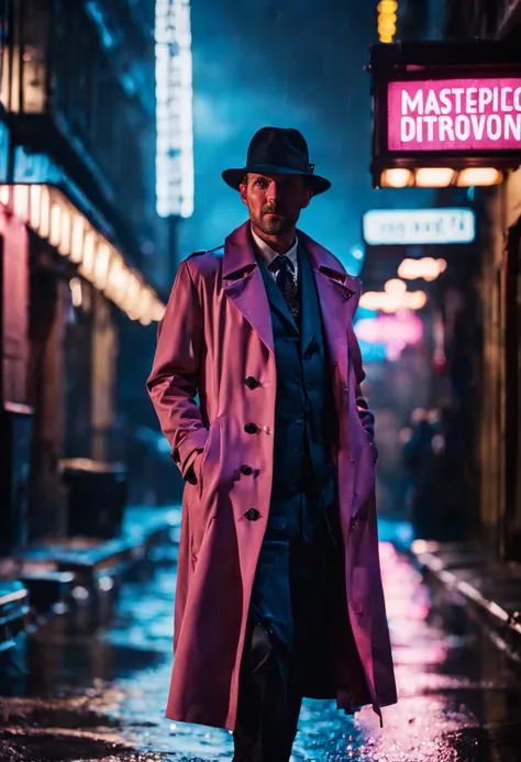 cinematic film still {Neon Noir Showdown: (masterpiece, 8K, UHD, photo-realistic:1.3), grizzled detective with (stubble and piercing blue eyes:1.1), (trench coat:1.2), fedora hat, in a rain-soaked alley, neon signs reflecting on puddles, tense standoff wit...