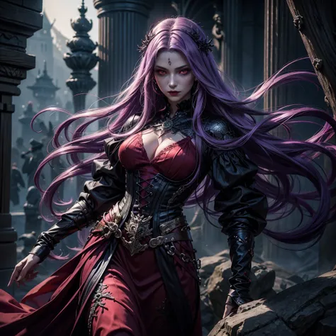 Woman, jellyfish, (feudal middle age:1.1), Slavic appearance, (long straight purple hair gradient pro red), (red eyes), (strong expression look), purple lipstick, fair skin, (black color gothic clothes with red details:1.1), yellow scales on the hands, cin...