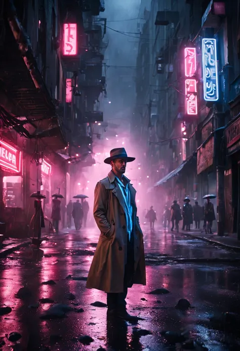 cinematic film still {Neon Noir Showdown: (masterpiece, 8K, UHD, photo-realistic:1.3), grizzled detective with (stubble and piercing blue eyes:1.1), (trench coat:1.2), fedora hat, in a rain-soaked alley, neon signs reflecting on puddles, tense standoff wit...