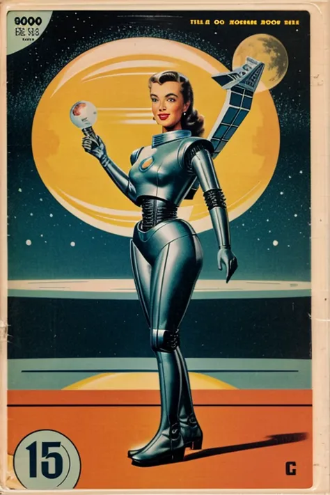 image from an old 1950s tv series similar to an old science fiction book cover, including a robot, um aventureiro espacial, uma ...