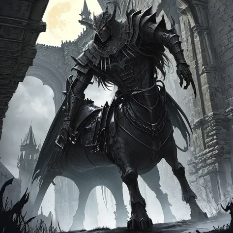 Haunted castle, shrouded in darkness and mystery, stands menacingly in the background with towering spires reaching for the stormy sky. In the foreground, a solitary dark knight, clad in a worn suit of armored black, keeps a vigilant watch with a steely ga...