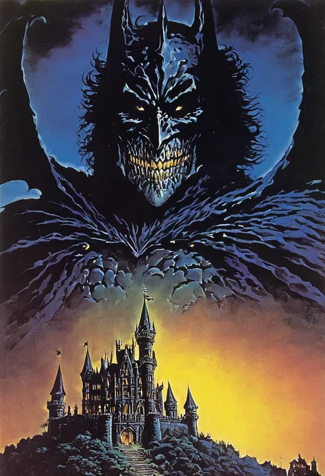 haunted castle with a dark knight in front of it, 1970s dark fantasy book cover art