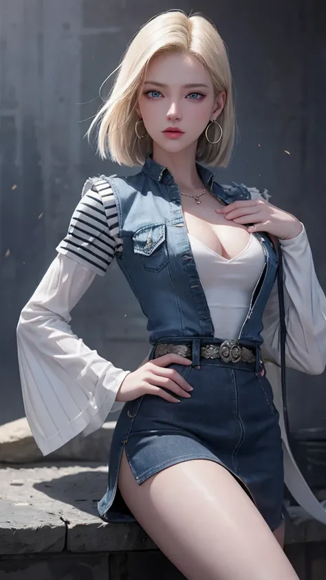 Realistic Android 18, Blonde hair, Blue eyes, Eyelashes, Hoop earrings, Short hair, Bring earring, Black sock, White shirt with black stripes, Chest pocket, Cleavage, Collarbone, Denim, Denim skirt, High waist miniskirt, detailed legs,jewelry,long sleeves,...