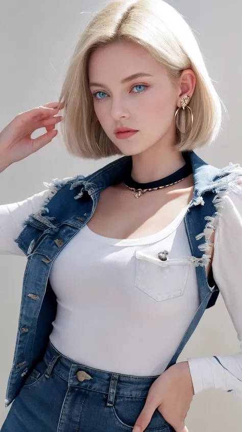 Realistic Android 18, Full Body, Blonde Hair, Blue Eyes, Eyelashes, Hoop Earrings, Short Hair, Earring, Black Sock, White Shirt with Black Stripes, Chest Pocket, Cleavage, Collarbone, Denim, Denim Skirt, Miniskirt high waist, detailed legs, jewelry, long s...