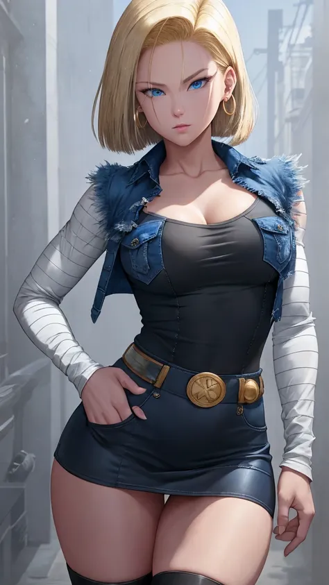 realistic android 18, full body, blonde hair, blue eyes, eyelashes, hoop earrings, short hair, earring, black sock, white shirt ...