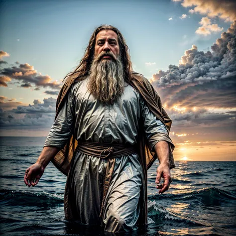 An ultra-realistic, 8K resolution depiction of Moses from the Bible, with graying hair and a large beard, confidently parting the sea with his staff. The scene is set against a magnificent backdrop with a vibrant, golden sunset casting warm hues across the...