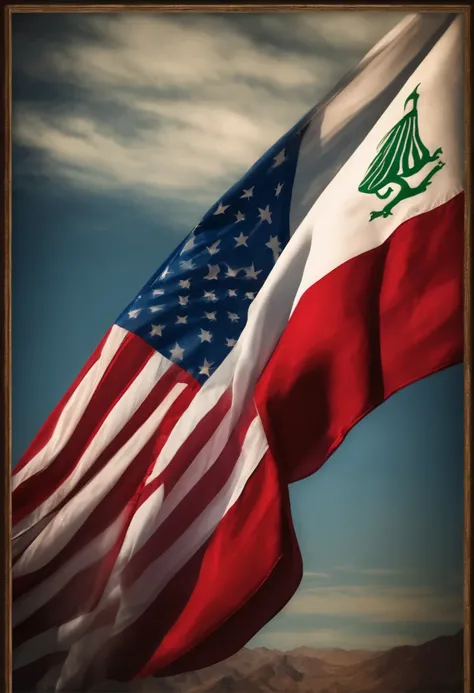 Iranische Flagge und Amerikanische Flagge im Konflikt