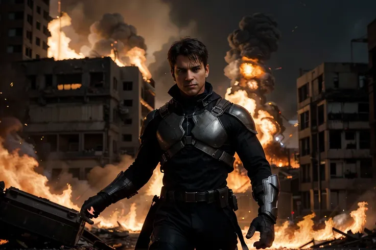 Amidst the chaos of a raging inferno, our hero stands unwavering. The silhouette of a valiant figure, clad in a sleek, modern superhero suit, emerges against the backdrop of billowing flames. The building behind them is engulfed in fire, casting an eerie g...