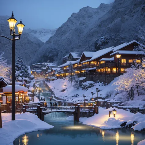 A hot spring resort in winter, snow, a  of water, illuminations, people walking, stores, and street lights.
