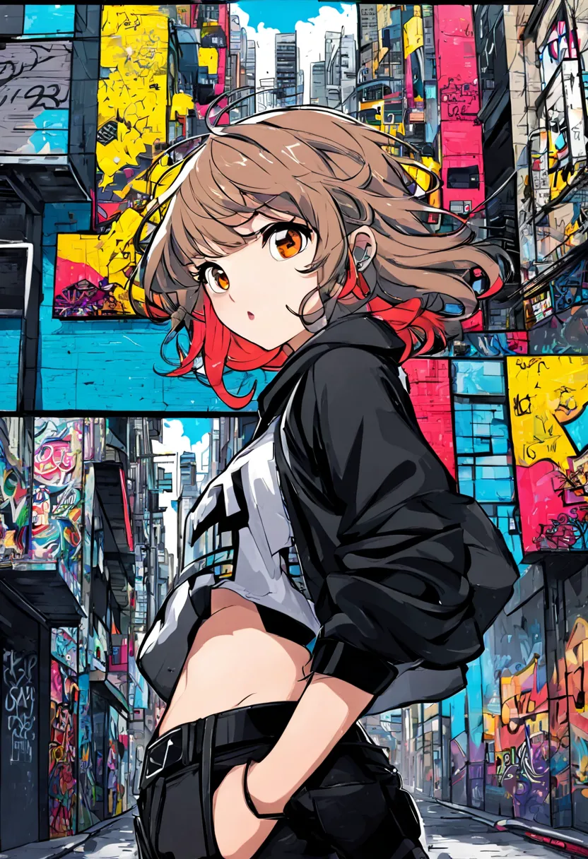 1girl, wavy hair, graffiti style comic illustration, comic panels, 4 panels, city streets, hip hop themed, clean lines, vibrant