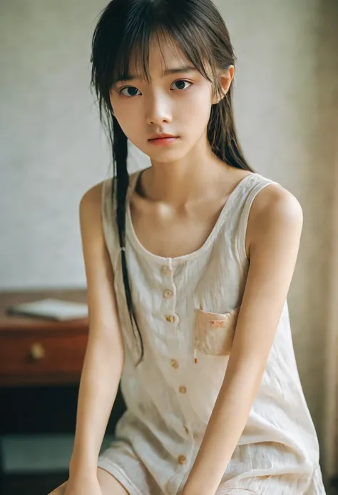 modern chinese portrait of a 12-year-old girl wearing glasses，sweating，very thin，long hair，clavicle，浮肿s eyes，wet underwear，whole...