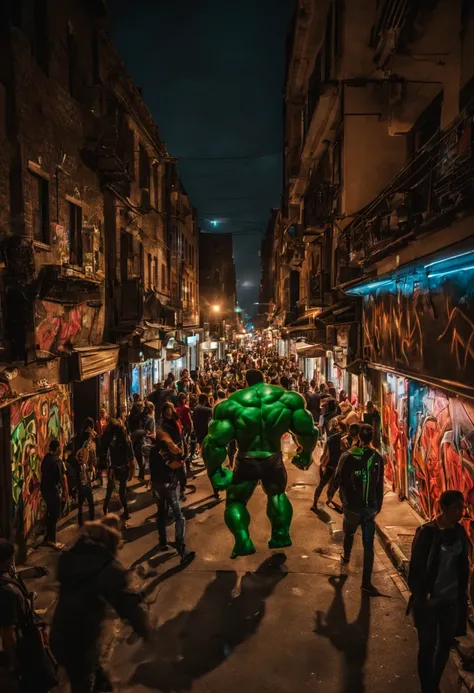 photography, night, neon, on a crowd street, top view, ((glowing grafitti on the wall)), grafitti, extreme, comic marvel avengers, Hulk vs Ironman, detailed, cinematic , on urban street, people walking through, kids and parents, urban , suburban, depth