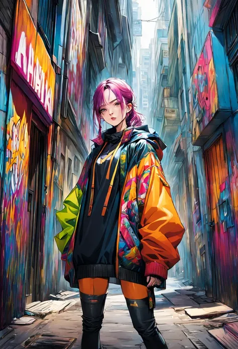 (best quality,highres,masterpiece:1.2),ultra-detailed,realistic, HDR,studio lighting,physically-based rendering,vivid colors,[street art],portraits,[comic style],urban style,urban fashion,cityscape,graffiti-covered buildings,expressive brushstrokes,[dynami...