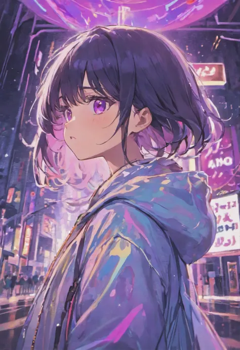 young girl with black layered hair, Straight front bangs, Purple right eye and pink left eye, White holographic jacket with hood, Amusement park neon lights and night background, different expression, Background bubbles reflecting with light