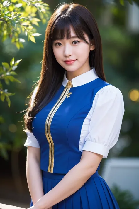 medium view, medium shot, written boundary depth, bust, Upper body, cinematic angle, masterpiece, highest quality, Super detailed, CG, 8k wallpaper, beautiful face, delicate eyes, maiden, alone, smile, bangs, skirt, shirt, have, cobalt blue dress with gold...