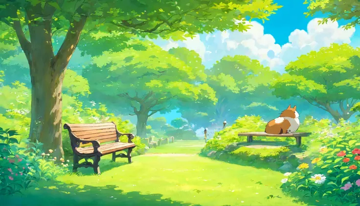 wood々overgrown park、wide lawn、no people、blue sky、White cloud、bird、sunny、bench