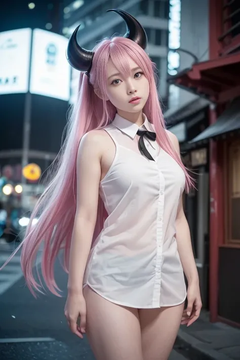 1 girl, pink long hair, red horn, white collared shirt, black tie, light smile, yellow eyes, Keratinous_force,, building,shop,city street, dark sky, scenery,neon sign,City of night, Japanese lyrics,, , disorganized, fine eyes, very detailed, volume lightin...