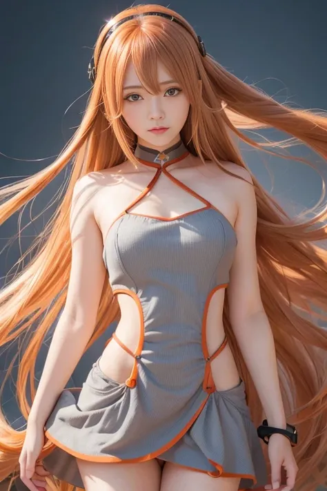 (masterpiece), highest quality, super detailed, figure, warm lighting, bright colors, 1 girl, alone, very long hair, gray hair, orange hair, orange inner hair, red eyes, inner hair coloring, two tone hair, Ahoge, unusually long hair, orange inner hair colo...