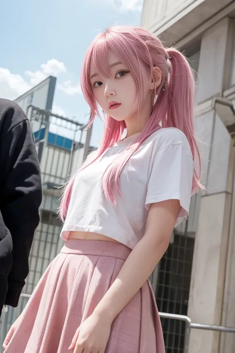 masterpiece, highest quality, High resolution, disorganized, 1 girl, crowd, skirt, pink hair, gasai yuno, from below, revealing clothes, skin dents, outdoors, sunlight, street, looking at the viewer, blush,