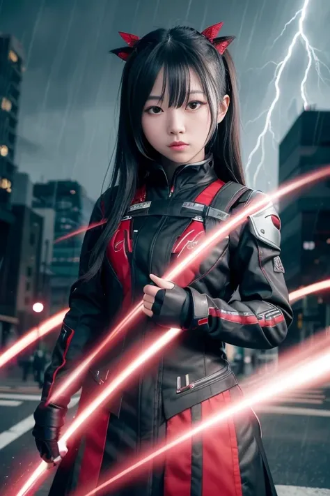 1 Japanese girl, warframe, complicated pattern, heavy metal, energy line, faceless, shining eyes, elegant, intense, blood red and black uniform, alone, modern, city, street, dark clouds, thunderstorm, heavy rain,, dramatic lighting,, (masterpiece:1.2), hig...