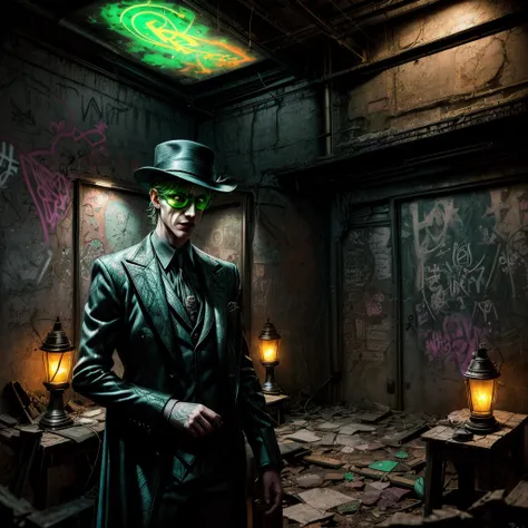 The Riddler, one of Batmans iconic villains, is standing in a dimly lit chamber. He is enthusiastically explaining the intricate details of his elaborate riddle. Graffiti splatters cover the walls, creating a chaotic and mysterious atmosphere.

The chamber...