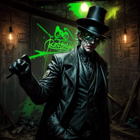 The Riddler, one of Batmans iconic villains, is standing in a dimly lit chamber. He is enthusiastically explaining the intricate details of his elaborate riddle. Graffiti splatters cover the walls, creating a chaotic and mysterious atmosphere.

The chamber...