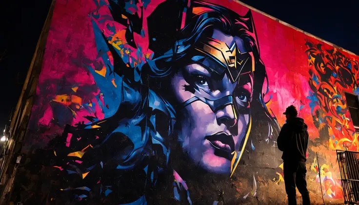 A close-up shot of a mysterious figure spray-painting a massive mural on an urban wall at night, illuminated only by the streetlights. The mural depicts a comic scene of (Wonder Woman:1.2), (Batman:1.3), (Superman:1.3) and (Black Panthere:1.3), with vibran...