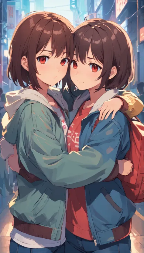 Two cute girls, same shirts and jackets and jeans, hugging, 8k, red eyes, dark brown hair, white texture skin, detailed face
