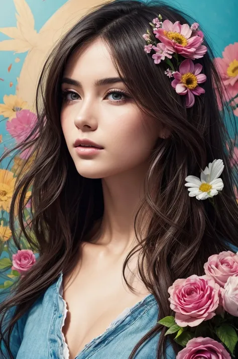 (masterpiece), (highest quality), (super detailed),(messy hair),(illustration), (one woman), Are standing, model, looking at the viewer, (interview), (detailed background),beautiful detailed eyes, gentle and beautiful face, floating,(high color saturation)...