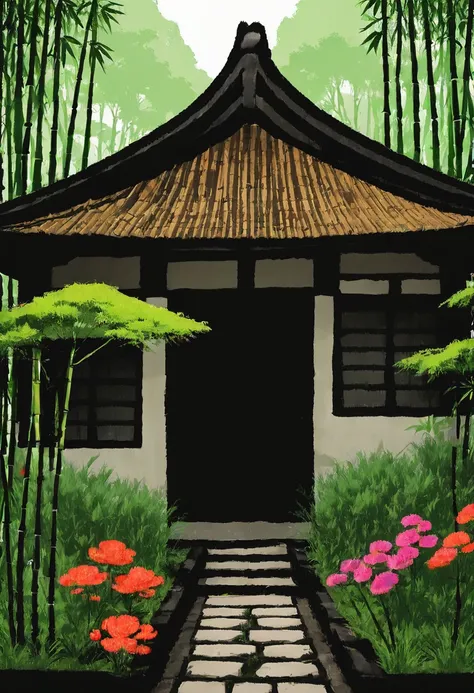 Graffiti Comic，ancient chinese house，bright colors，traditional building，bamboo forest，Black tile roof，Flower path，in the classical architectural style