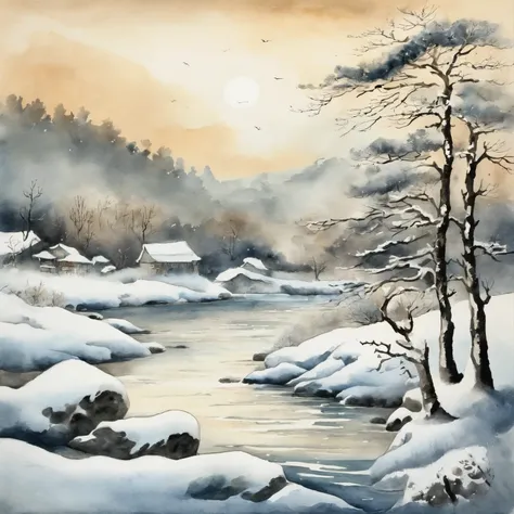 (best quality,ukiyo-e:1.2),(style of Hokusai),(winter river with frozen surface),(a few),((small fish)),((deep in the cold water)),(watercolor)