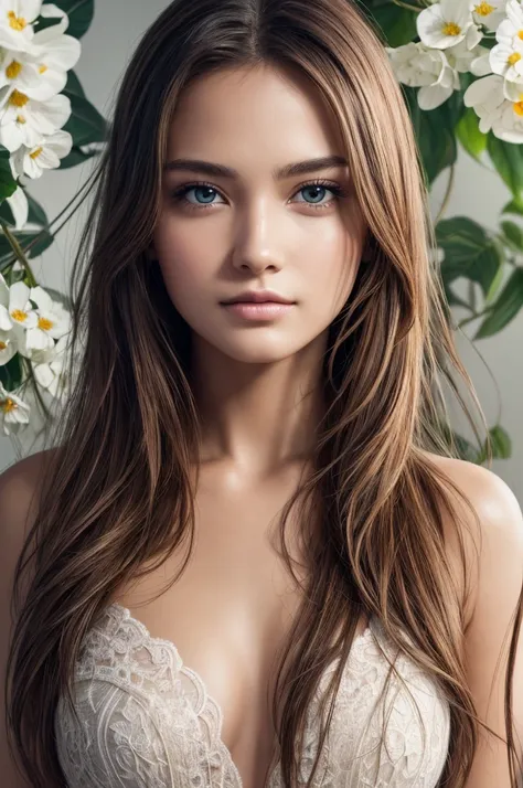 (masterpiece), (highest quality), (Super detailedな),(messy hair),(illustration), (one woman), Are standing, model, looking at the viewer, (interview), (detailed background),beautiful detailed eyes, gentle and beautiful face, floating,(high color saturation...