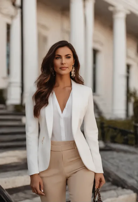 Foto de corpo inteiro de mulher loira cabelo curto, blue-eyed man in a white blazer and beige business pants in front of a European-style luxury house, ao lado de uma carro da marca mercede bens branco e conversivel, business clothes, Panoramic view of the...