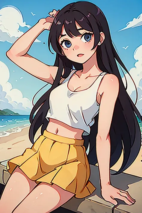 A girl wearing a flowing skirt on the beach，cute