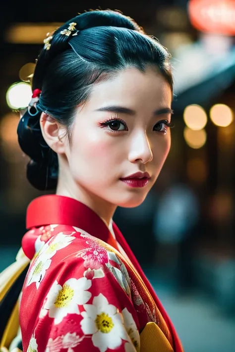 Close up portrait of woman in kimono, 2 0 2 1 Cinematic 4K frame grab, Kyoto cityscape,Retro Photography, fierce gorgeous woman, pompadour, 