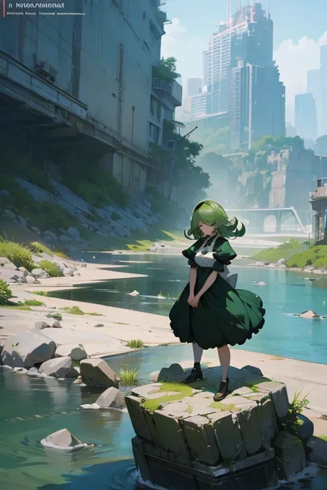 a woman standing on top of a rock next to a river, cyberpunk art, by Krenz Cushart, pixiv contest winner, tatsumaki with green curly hair, anime girl in a maid costume, artgerm 4 k, overlooking a desolate wasteland
