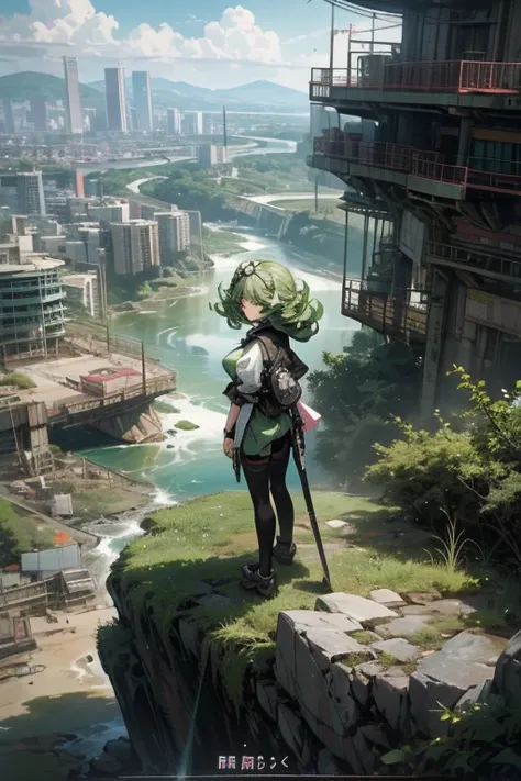 a woman standing on top of a rock next to a river, cyberpunk art, by Krenz Cushart, pixiv contest winner, tatsumaki with green curly hair, anime girl in a maid costume, artgerm 4 k, overlooking a desolate wasteland
