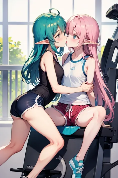 Two elf cute anime girls kiss while sitting on gym cycle saddle cushion, dolphin shorts,
