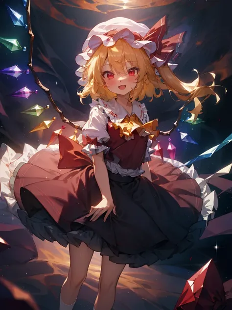 flandre_scarlet_touhou, blonde_hair, wings, red_eyes, crystal, bangs, hat, one_side_up, ribbon, mob_cap, bow, blush, smile, vest...