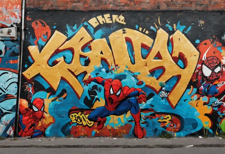 best quality, 4k, 8k, high resolution, masterpiece: 1.2), (ultra detailed spiderman graffiti:1.32), realistic and creative, comic style, contrasting color tones, sandy texture, urban background, bright and vibrant colors, culture street art, expert brushwo...