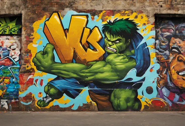 best quality, 4k, 8k, high resolution, masterpiece: 1.2), (ultra detailed incredible hulk graffiti: 1.32), realistic and creative, comic style, contrasting color tones, sandy texture, urban background, bright and vibrant colors, cultural street art, expert...