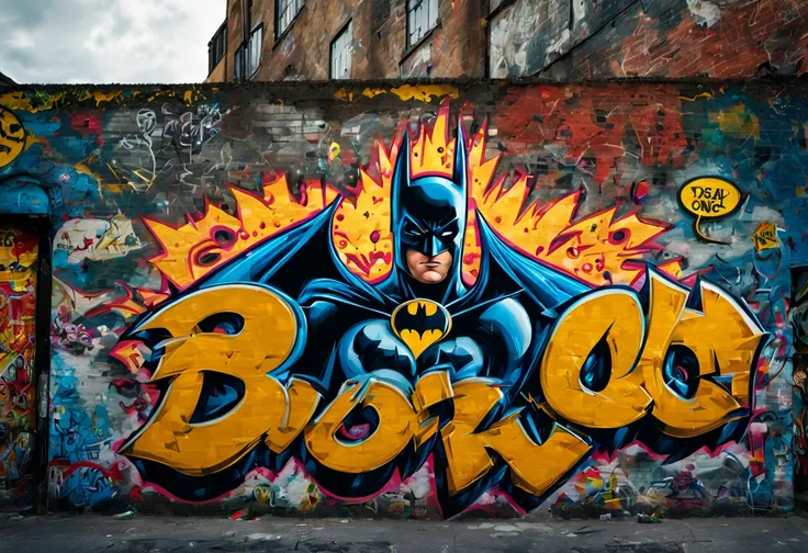 best quality, 4k, 8k, high resolution, masterpiece: 1.2), (ultra detailed Batman graffiti: 1.32), realistic and creative, comic style, contrasting color tones, sandy texture, urban background, bright and vibrant colors, cultural street art, expert brushwor...