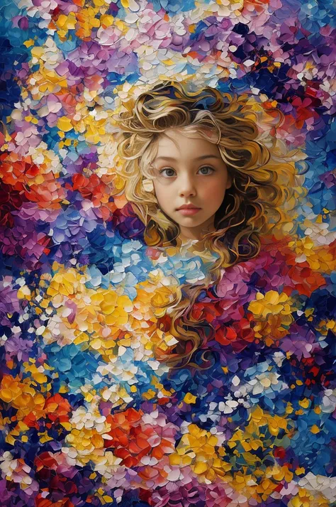 Colorful beautiful girl: an 8-year-old with messy hair, depicted in an oil painting that captures her youthful charm. Her face is flawlessly painted with soft, smooth skin, adorned with a palette of vibrant colors. Shades of blue and yellow blend seamlessl...